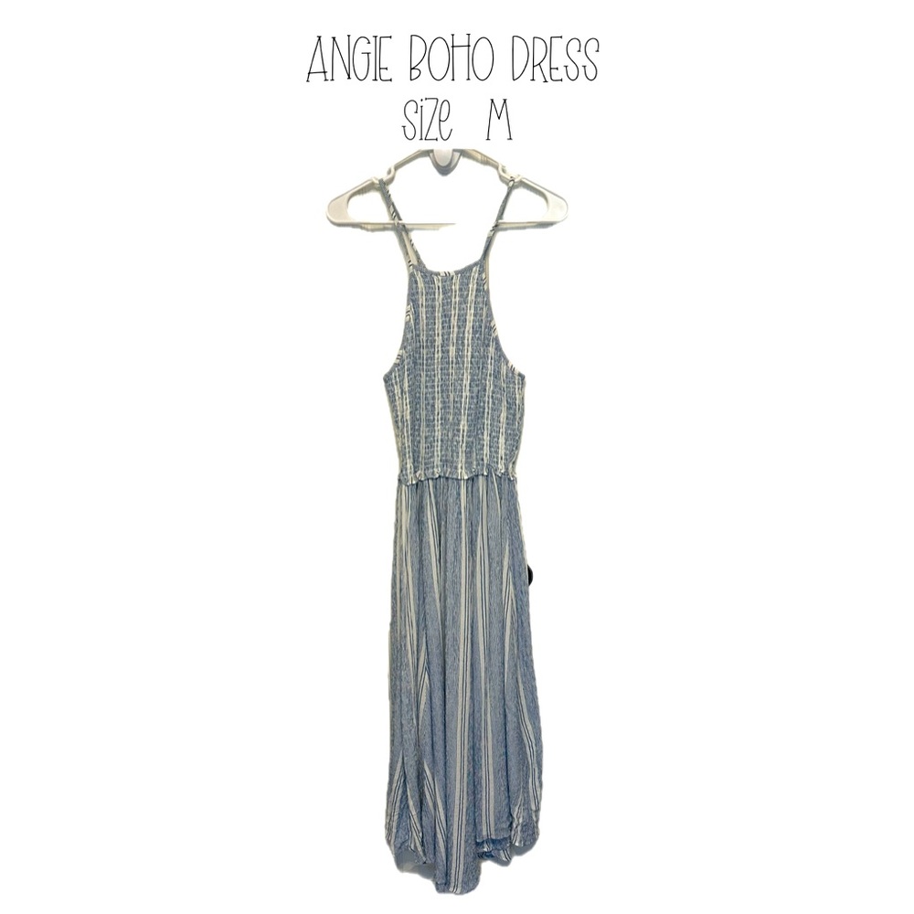 Angie Blue and White Striped Boho Maxi Dress